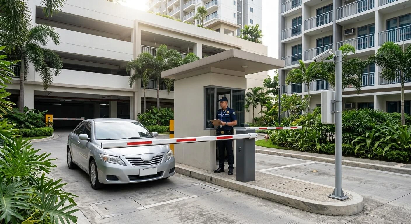 Philippine condominium parking entrance with automated boom barrier, UHF RFID reader and LPR camera