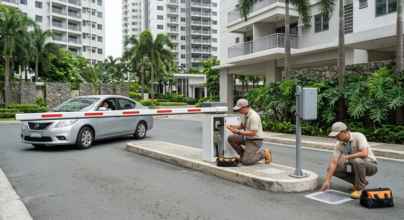 Filipino technician maintaining an automatic parking barrier at a Philippine condominium entrance