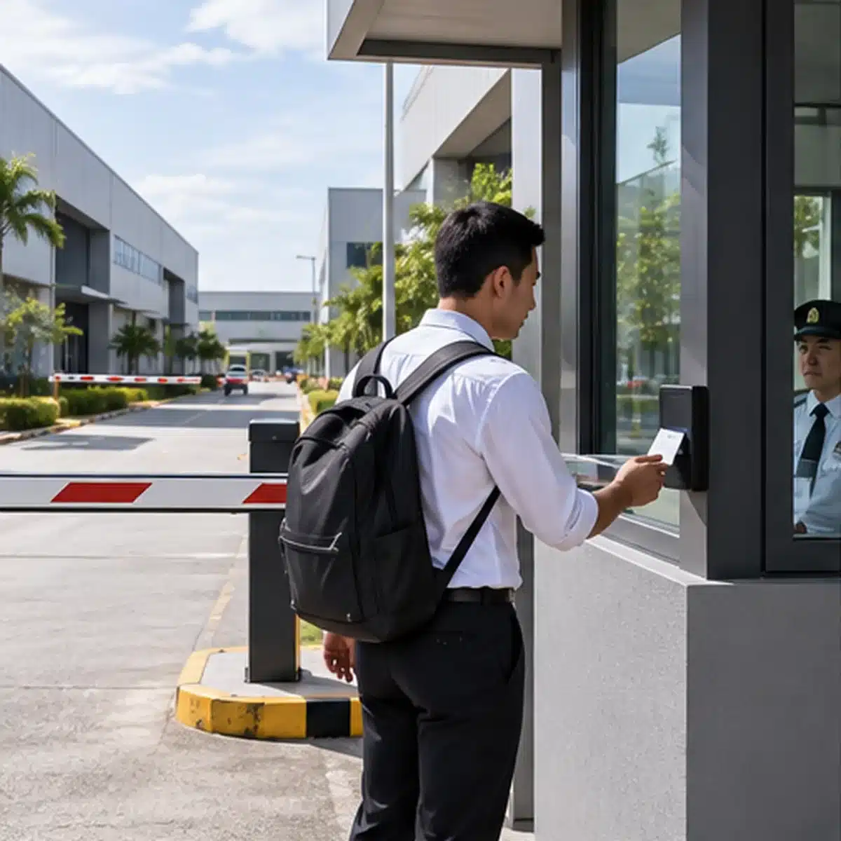 Filipino employee using RFID access control at a secure PEZA industrial facility entrance in the Philippines