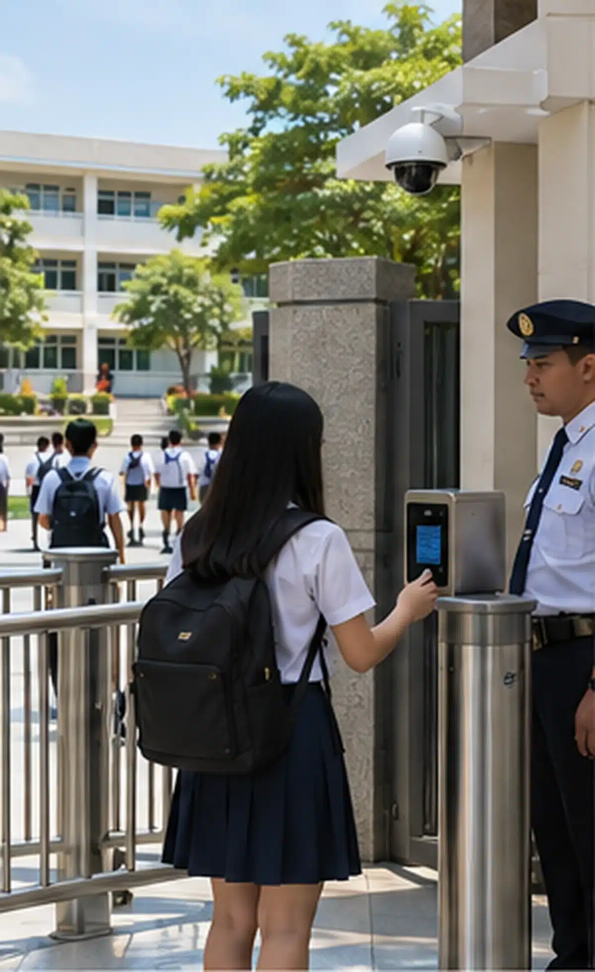 Philippine school entrance security checkpoint combining CCTV, access control, metal detector, baggage scanner, and visitor screening