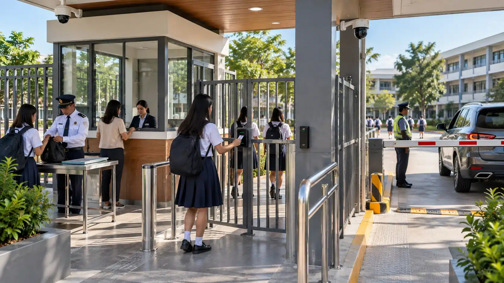 Philippine school gate security with CCTV, visitor checkpoint, vehicle barrier and controlled bag inspection
