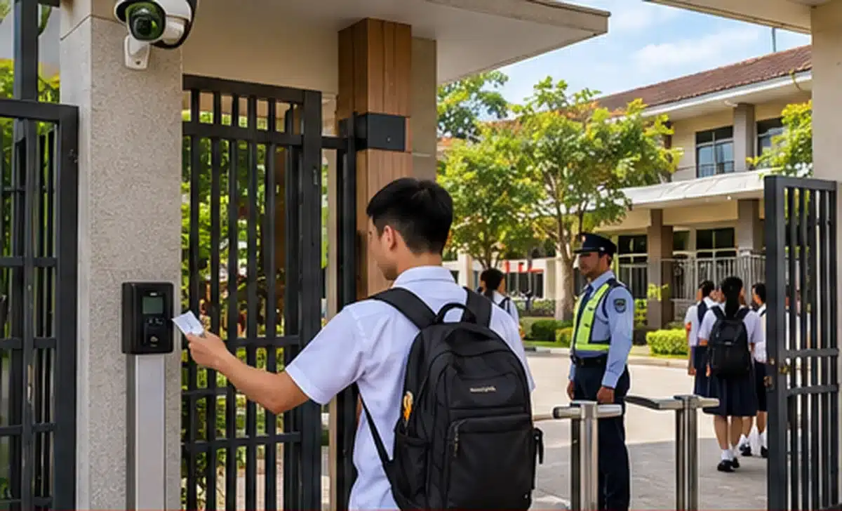 School perimeter security in the Philippines with guarded entrance, access control, metal detector, baggage scanner, and CCTV