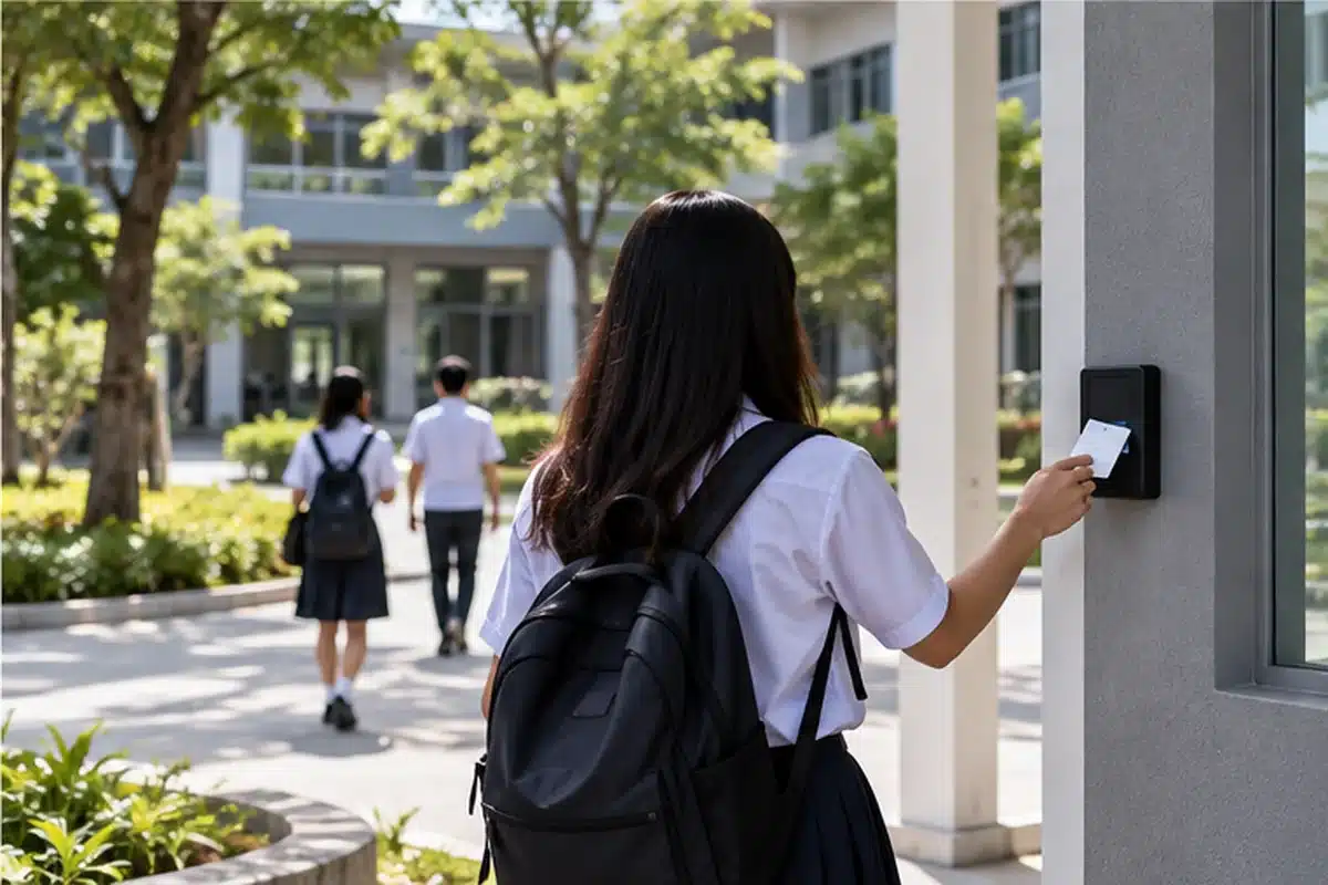 Filipino university student using RFID turnstile access control at a Philippine campus entrance