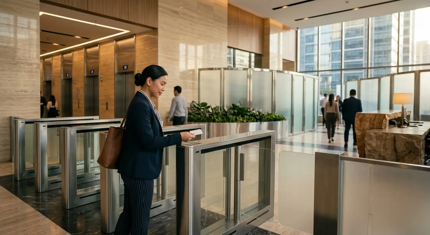 Filipino office worker using one RFID credential at an integrated speed gate before an elevator lobby