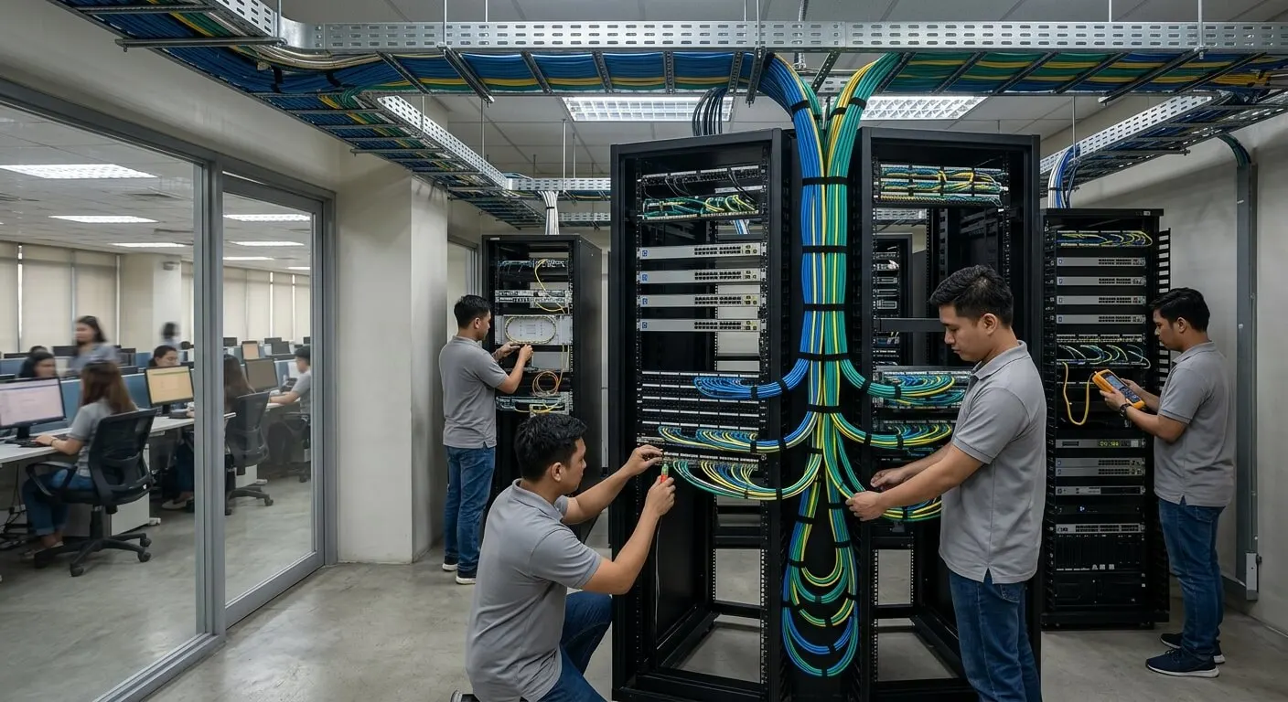 Filipino network technicians installing organized Cat6 and fiber cabling in a BPO telecommunications room