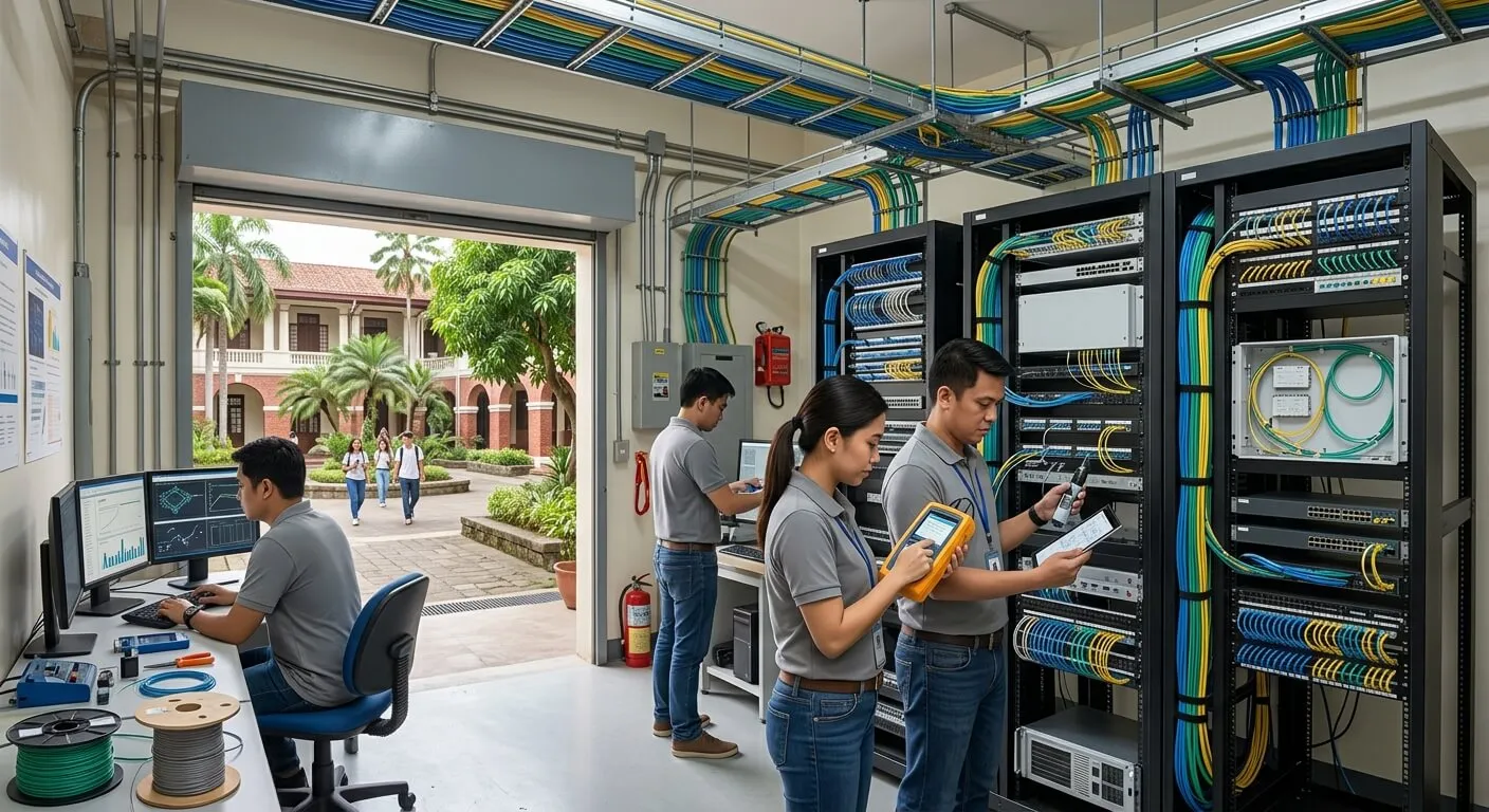 Filipino network engineers testing copper and fiber cabling in a Philippine university telecommunications room