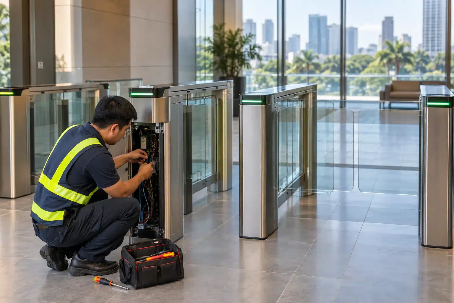 Philippine office lobby speed gate installation with floor cabling, access control reader and accessible lane