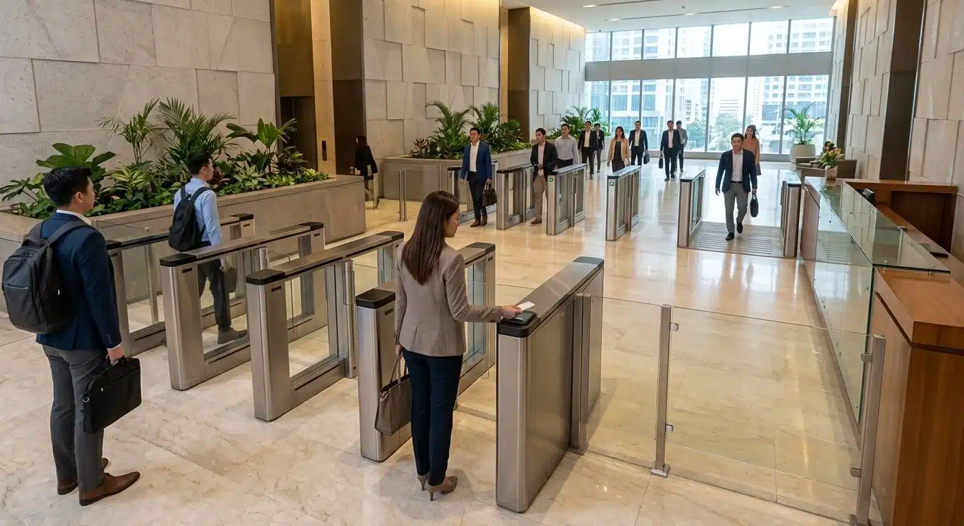 Metro Manila office lobby with multiple speed gate lanes and accessible pedestrian lane