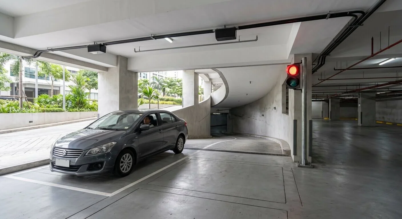 Metro Manila basement parking ramp with red-green traffic signals and vehicle detection.
