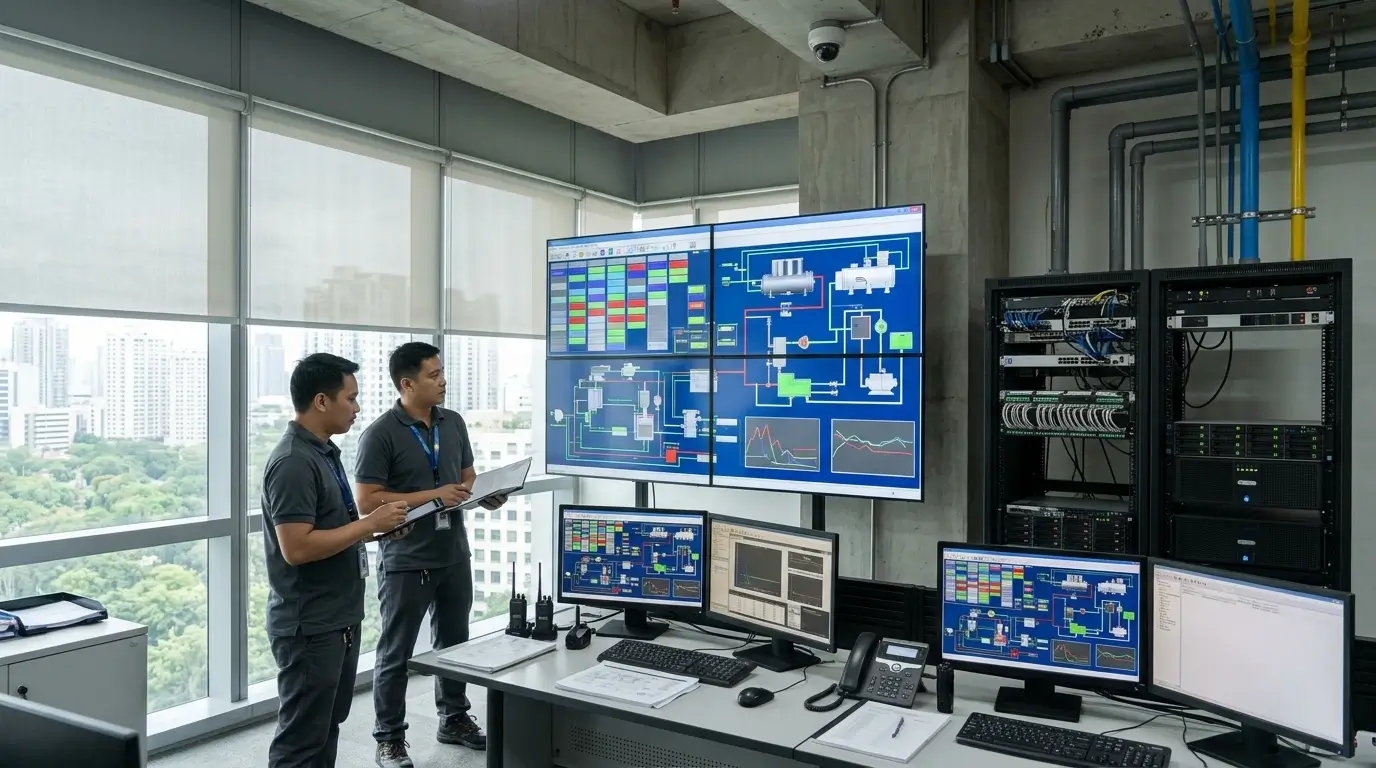 Filipino building engineers reviewing BMS alarms in a Metro Manila office tower control room.