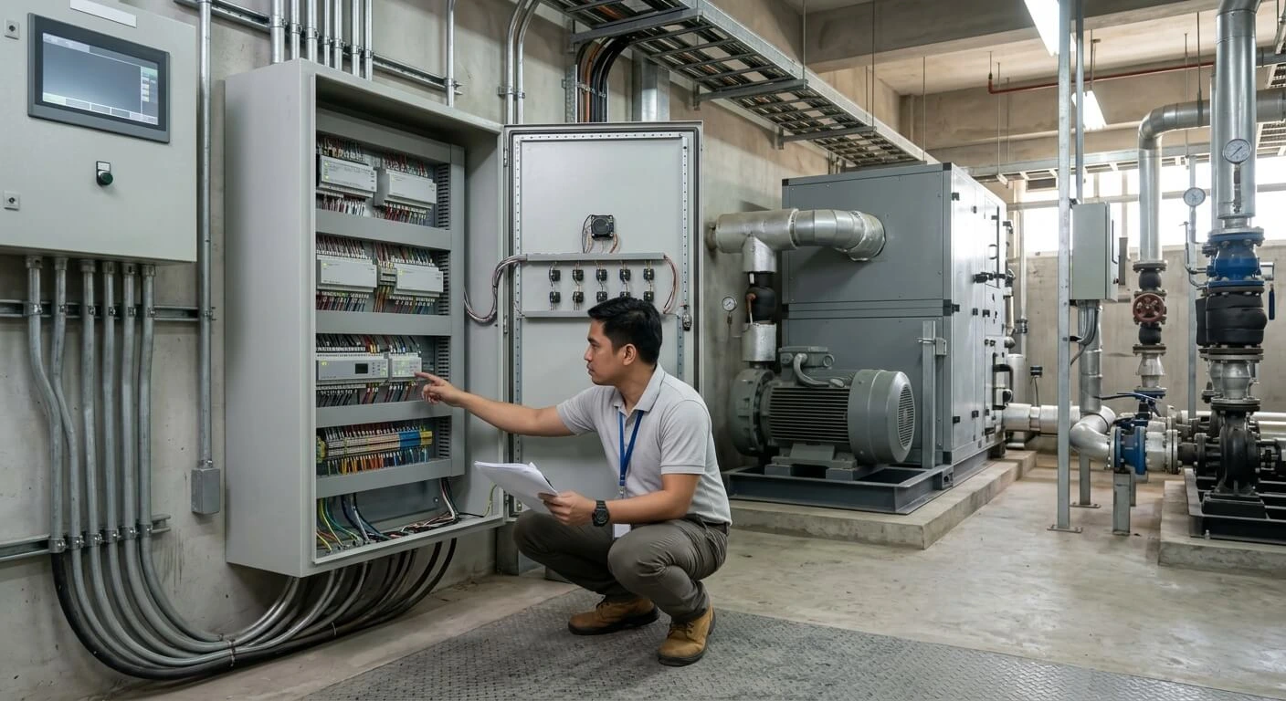 BMS controls engineering for a Philippine industrial facility with control panel and HVAC equipment.