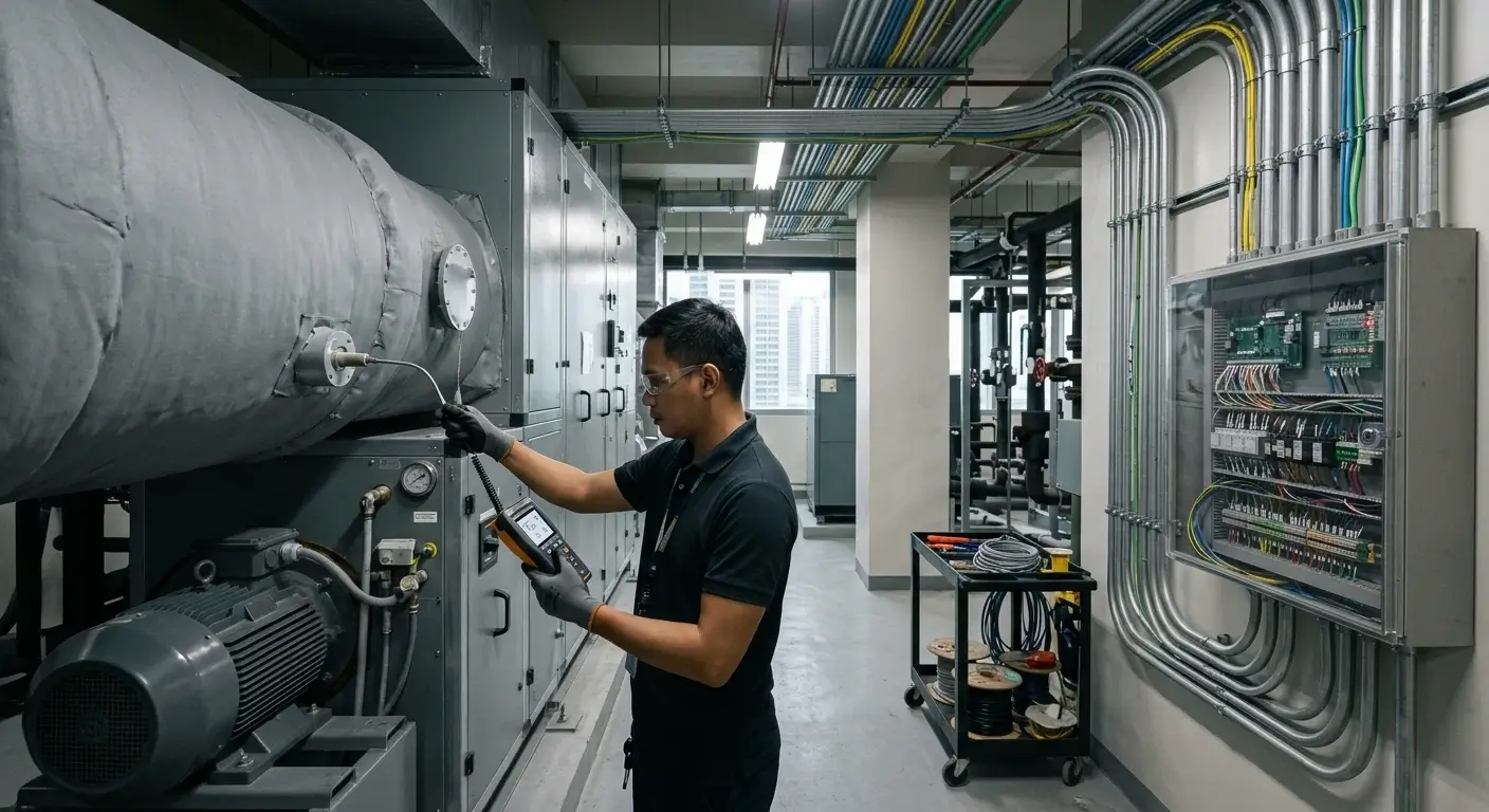 Filipino BMS technician verifying an HVAC temperature sensor in a Metro Manila office mechanical room