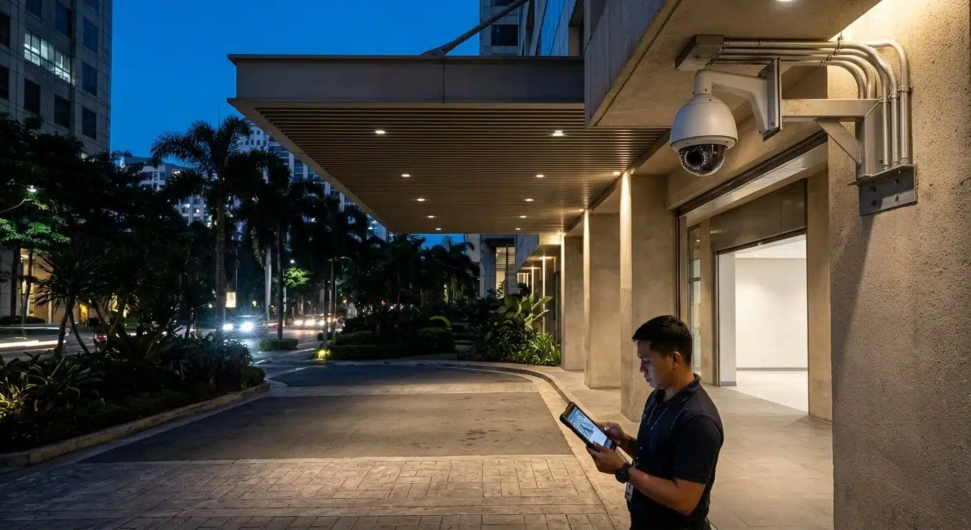 Outdoor CCTV camera monitoring a Philippine commercial property at night with balanced low-light illumination