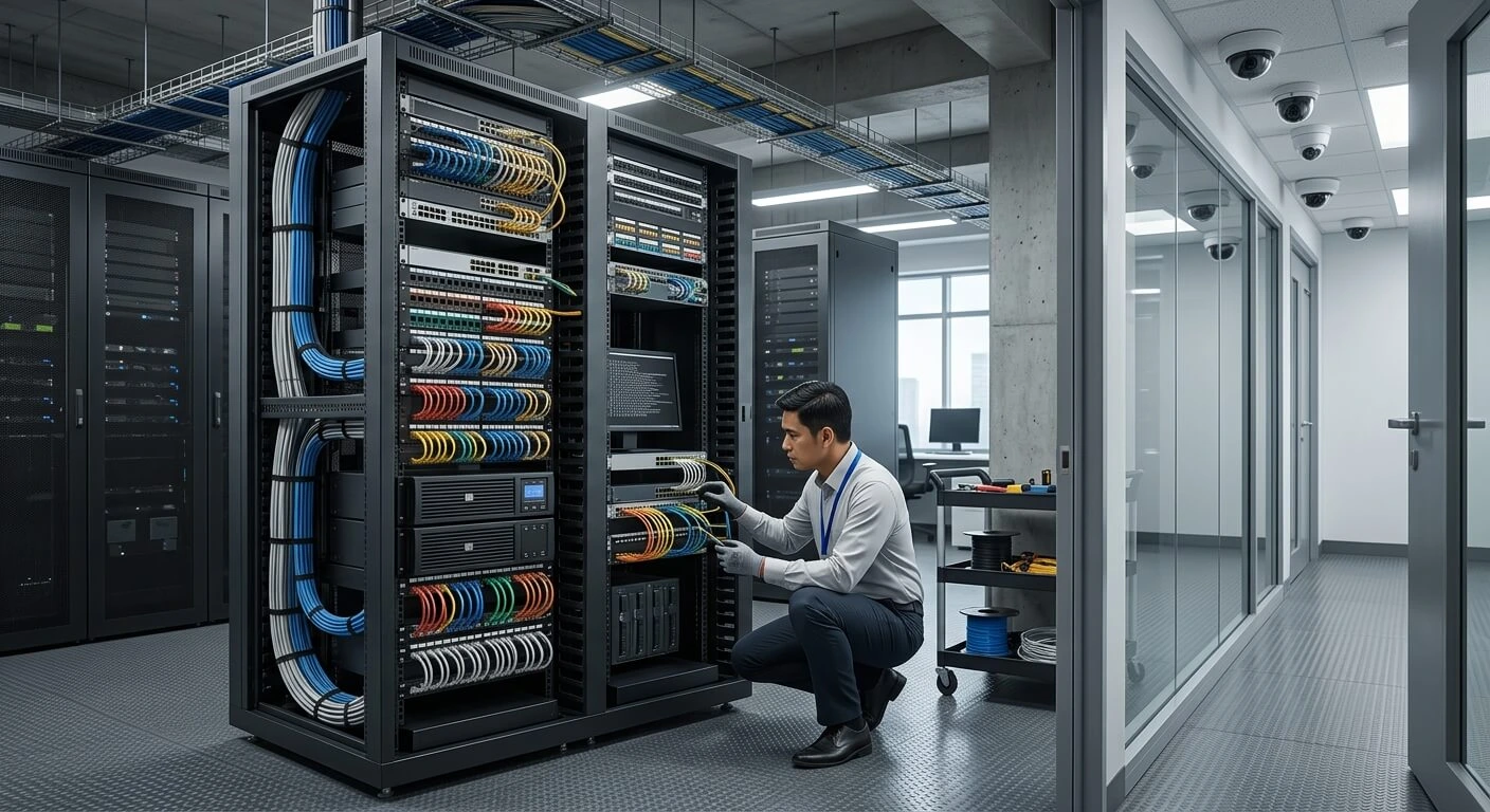 CCTV network rack and PoE switching for a Philippine data center security system.