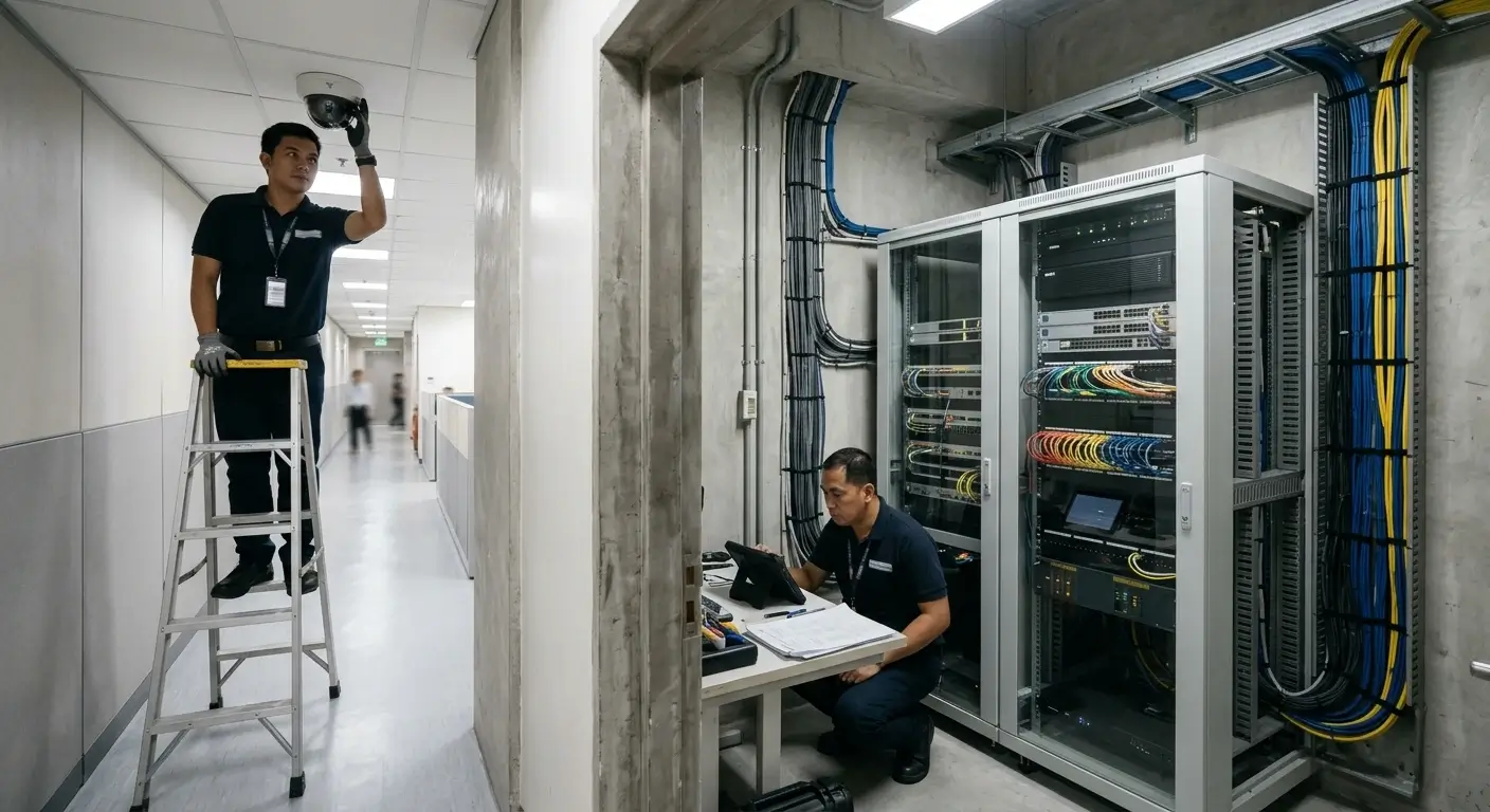 Filipino CCTV technician assessing existing surveillance cameras and network equipment for an upgrade.