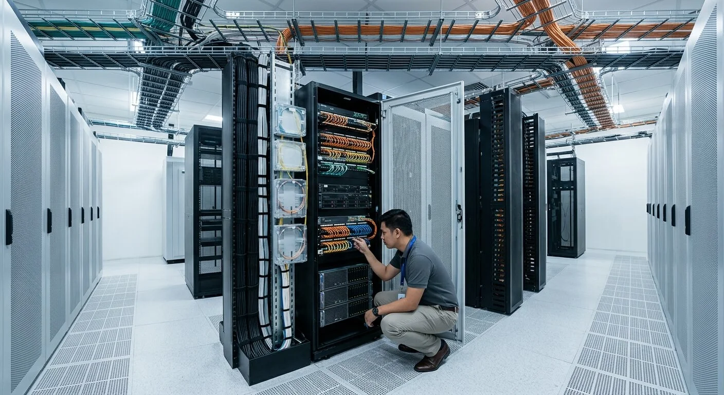 Filipino network engineer inspecting structured cabling and fiber patching in a Philippine data center.