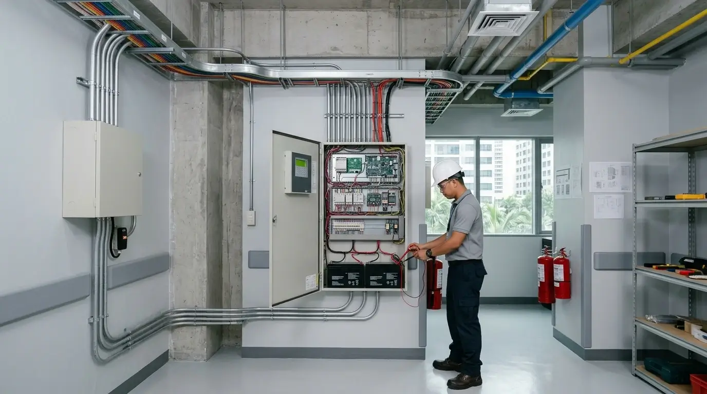 Filipino fire alarm technician testing standby batteries inside a fire alarm control panel