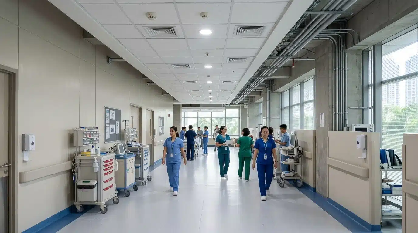 Fire alarm smoke detector placement in a modern Philippine hospital corridor with coordinated ceiling services