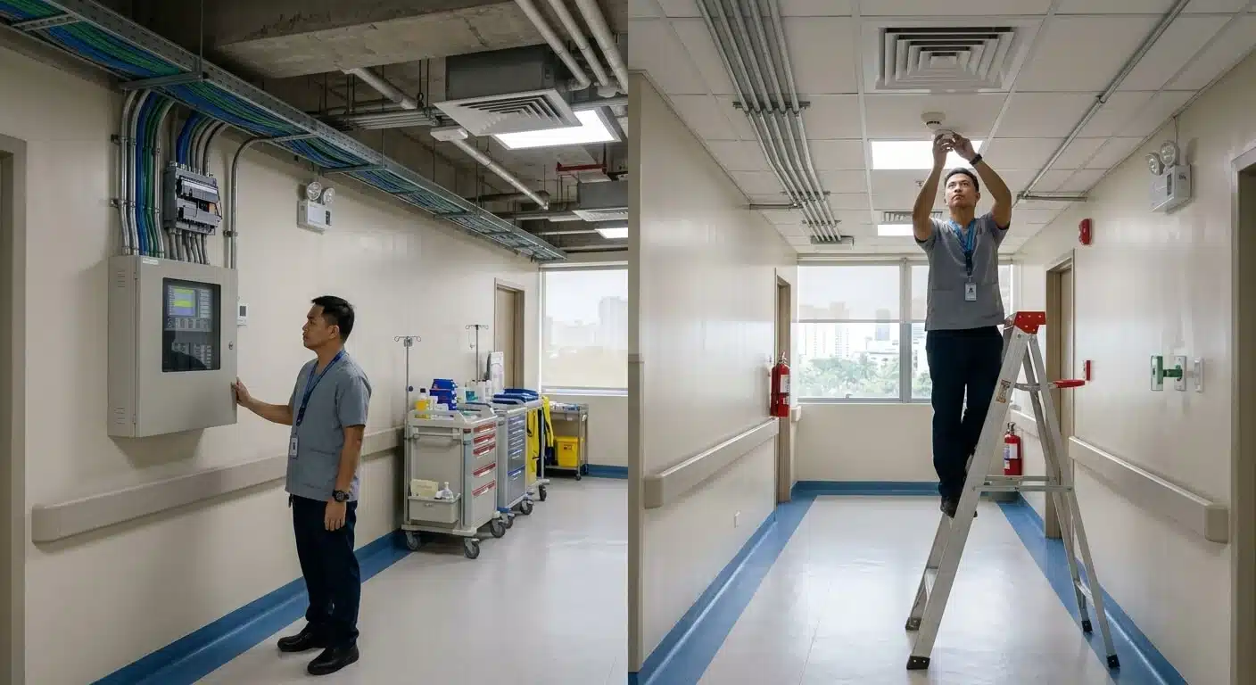Filipino fire alarm technician investigating a detector issue in a Philippine hospital corridor.