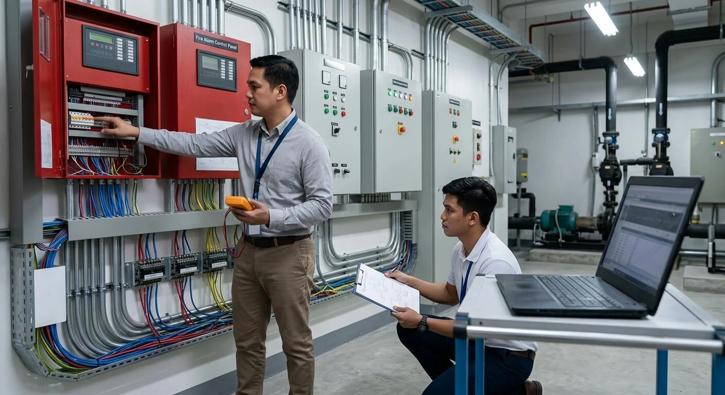 Philippine office tower fire alarm integration testing with building engineers and life safety panels.