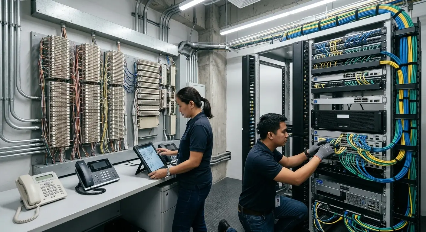 Filipino IT technicians migrating a legacy PABX to modern IP telephony in a Philippine office.