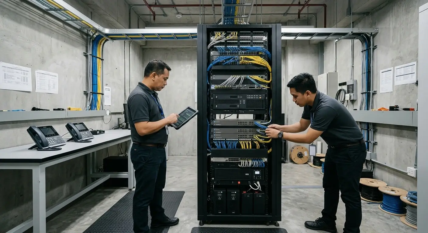 Filipino IT engineers checking redundant IP PABX and network equipment in a Philippine office telecom room