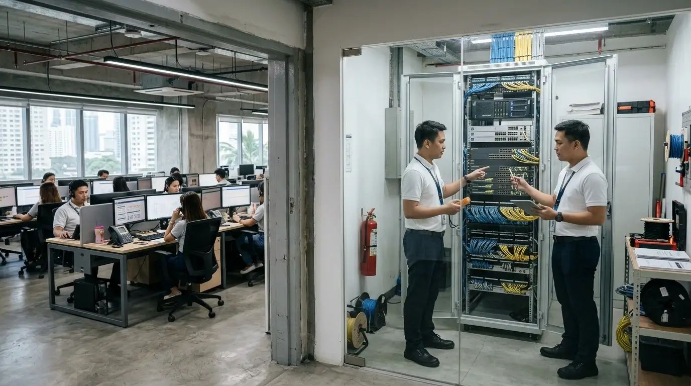 Filipino BPO IT team reviewing an IP PABX and network rack in a Metro Manila office