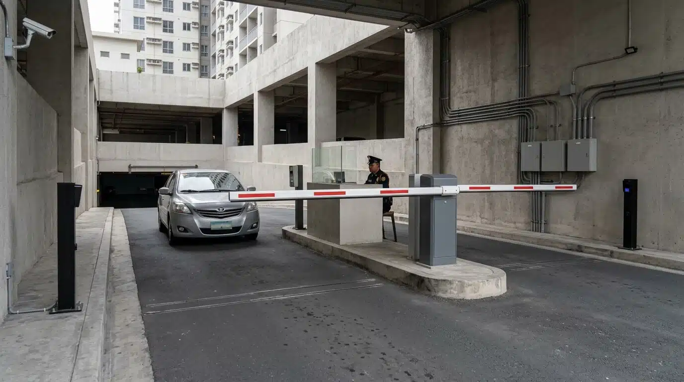 Parking barrier safety devices at a Philippine condominium basement vehicle entrance with loop detection and photocell protection