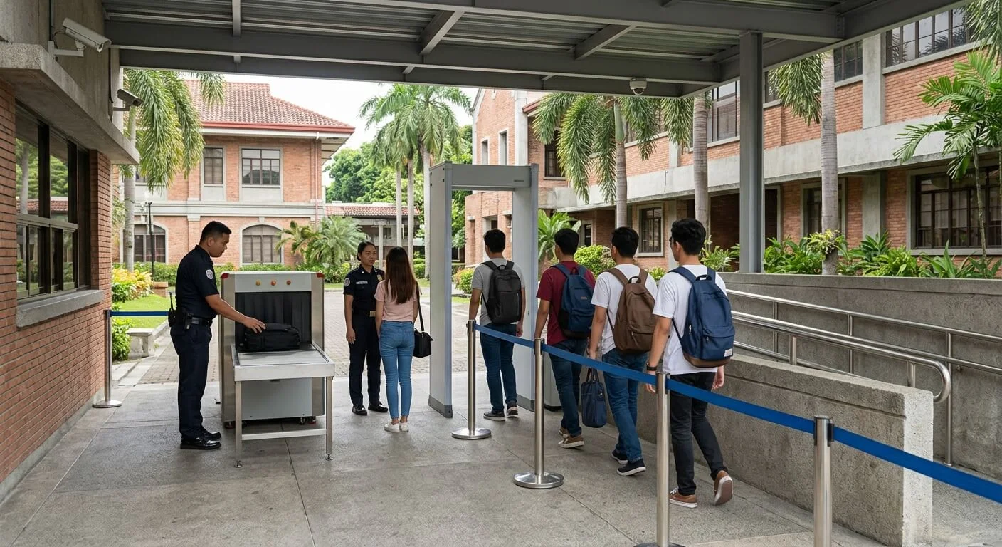 Security screening checkpoint at a Philippine university with metal detector baggage scanner and CCTV