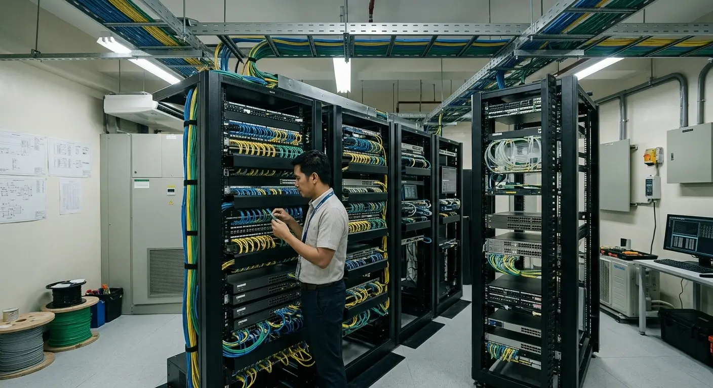 Filipino network engineer checking labeled patch panels and fiber cabling in a Philippine server room