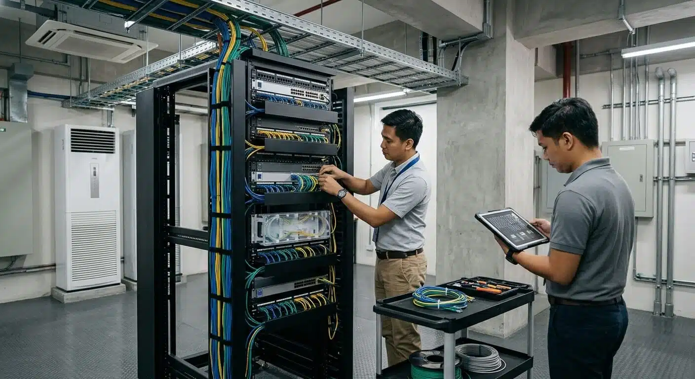 Filipino network technicians organizing patch cords and cable management in a Philippine server rack