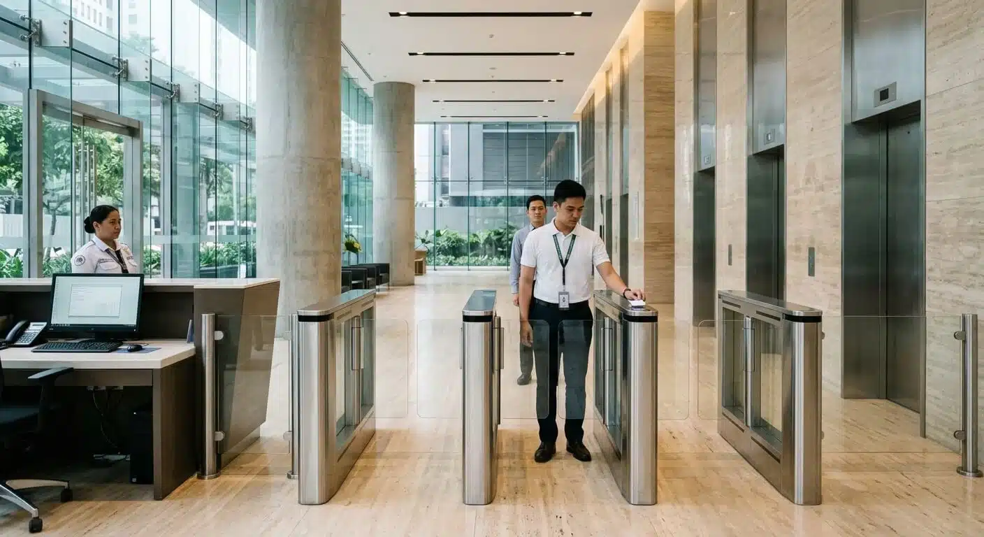 Filipino office employees using sensor-equipped speed gates in a secure Metro Manila lobby
