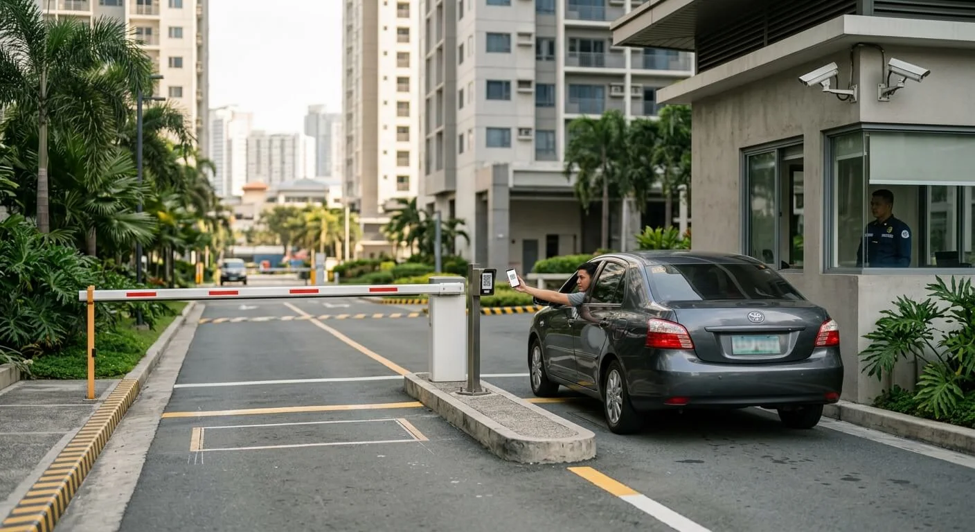 Filipino condominium visitor presenting a QR credential at a parking barrier before vehicle entry